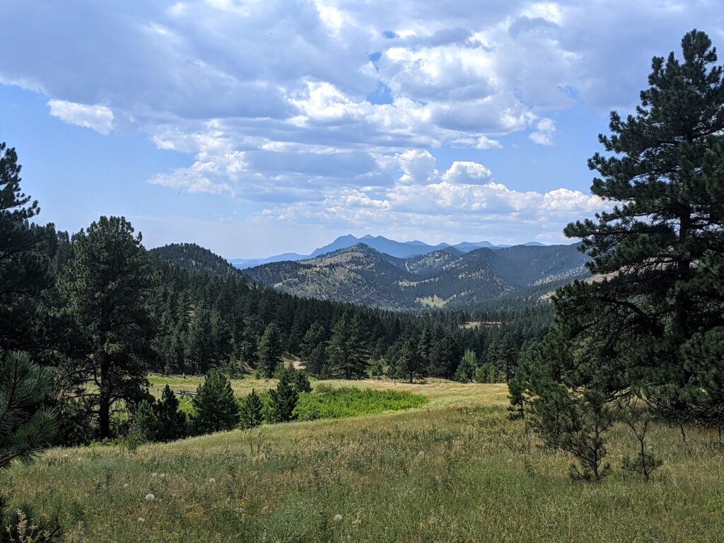 View towards Boulder and the mountains from the Wapiti Trail at Heil Valley Ranch.