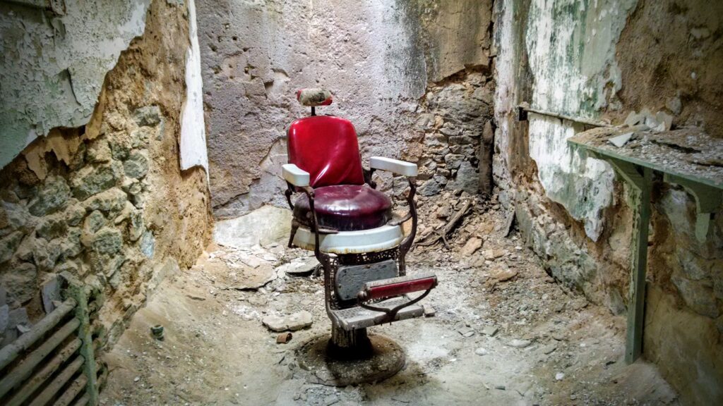 The iconic barber chair at Eastern State Penitentiary, Philadelphia, PA.