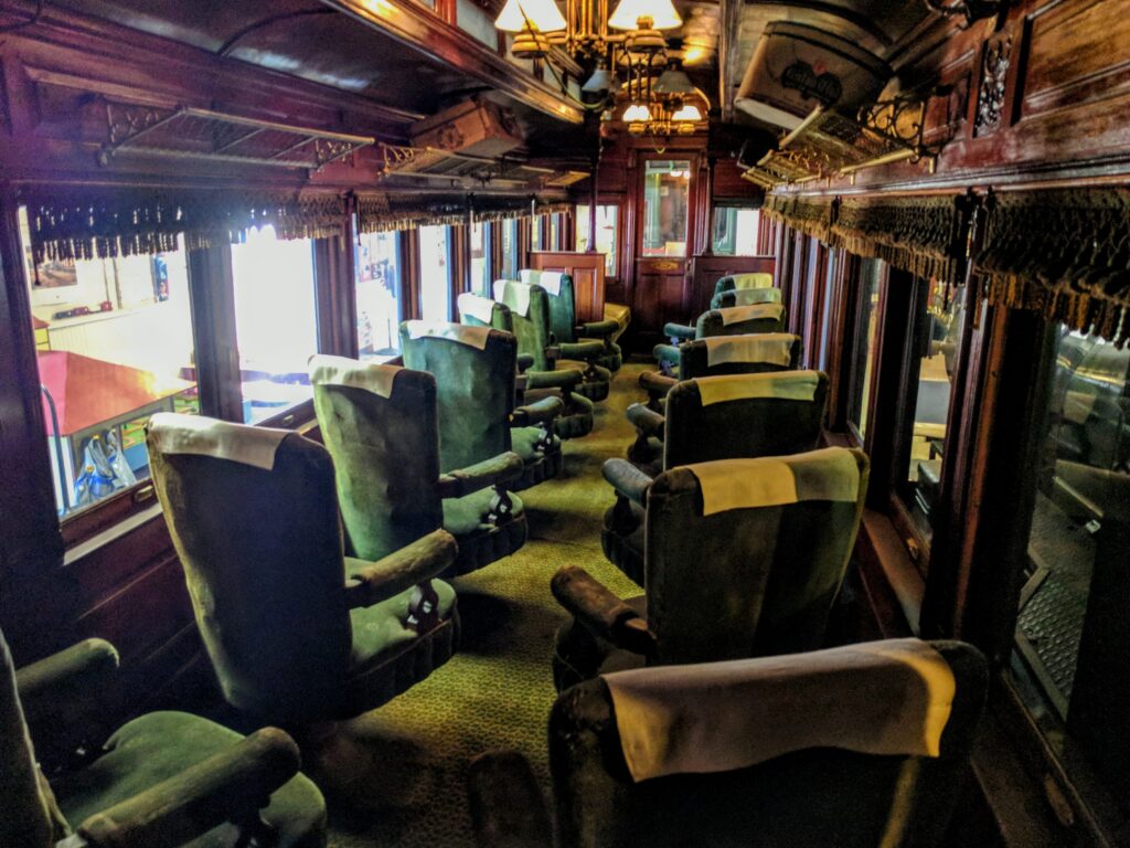 Inside one of the passenger cars at the Maine Narrow Gauge Railroad Museum.