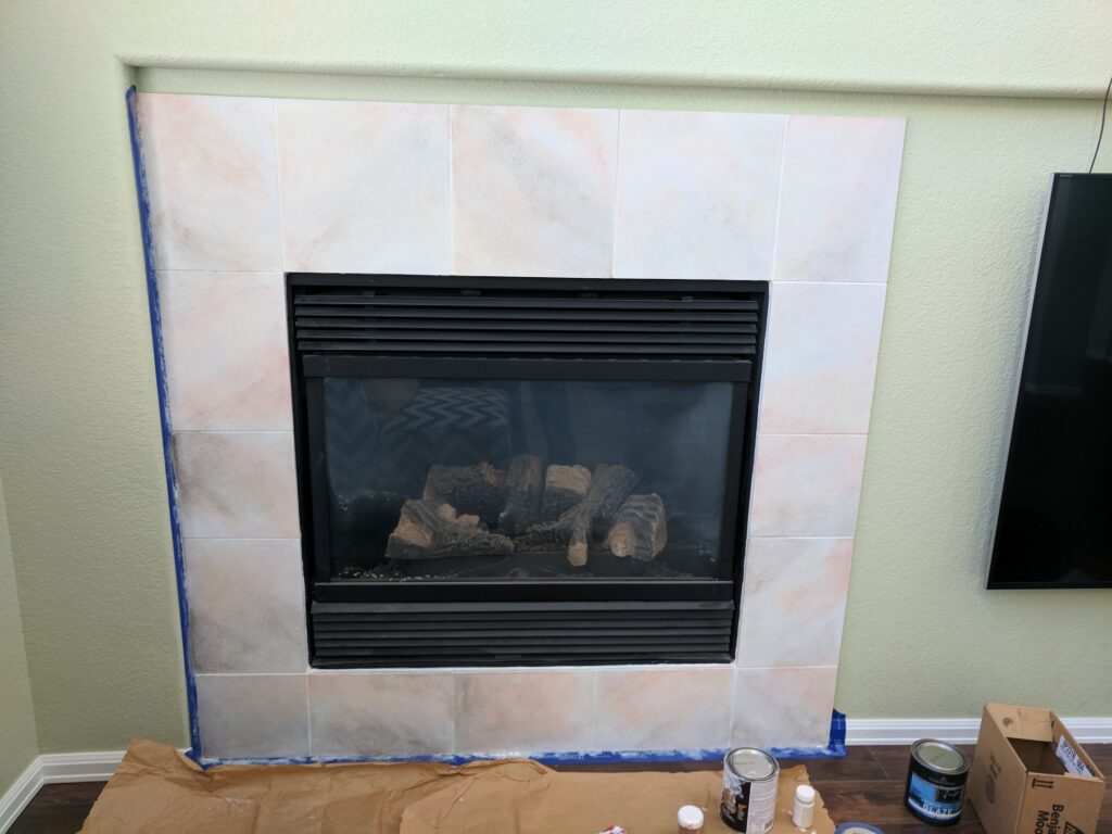 Faux marble fireplace in progress.