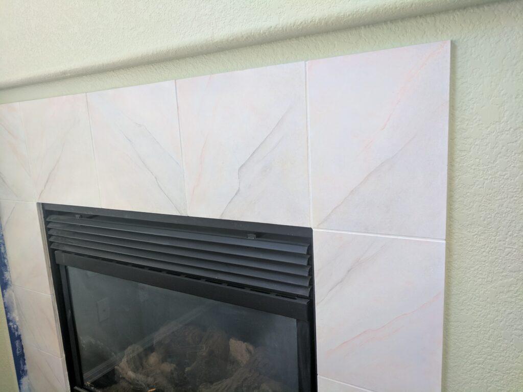 Faux marble fireplace.