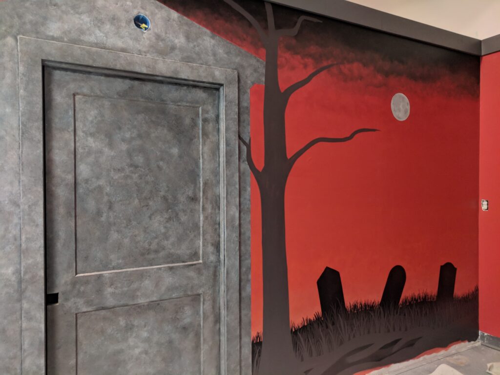 Halloween mural, starting the stone texture on the mausoleum.