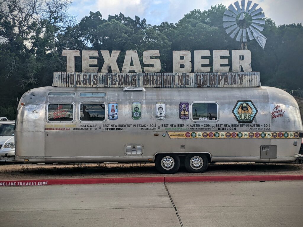 Texas Beer historic trailer at The Oasis at Lake Travis, TX.
