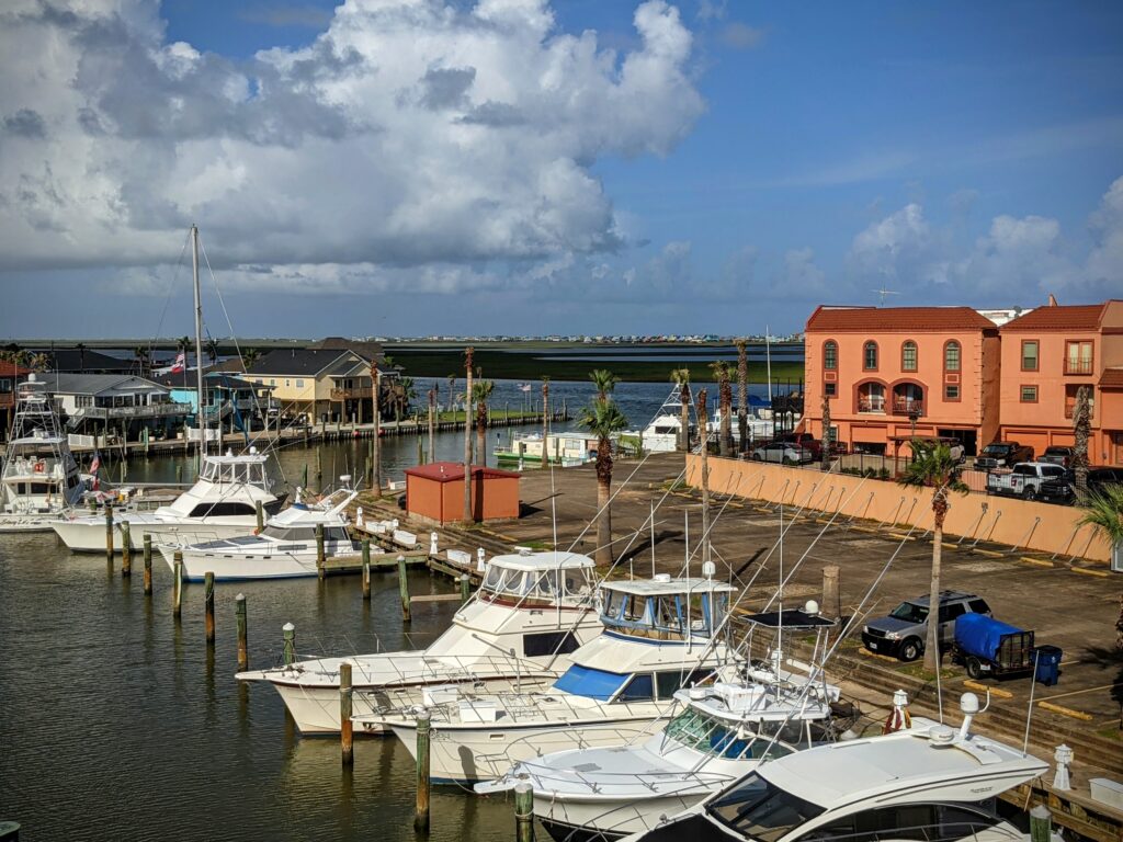 View from the 3rd floor balcony at Captain's Table Restaurant & Bar in Freeport, TX.