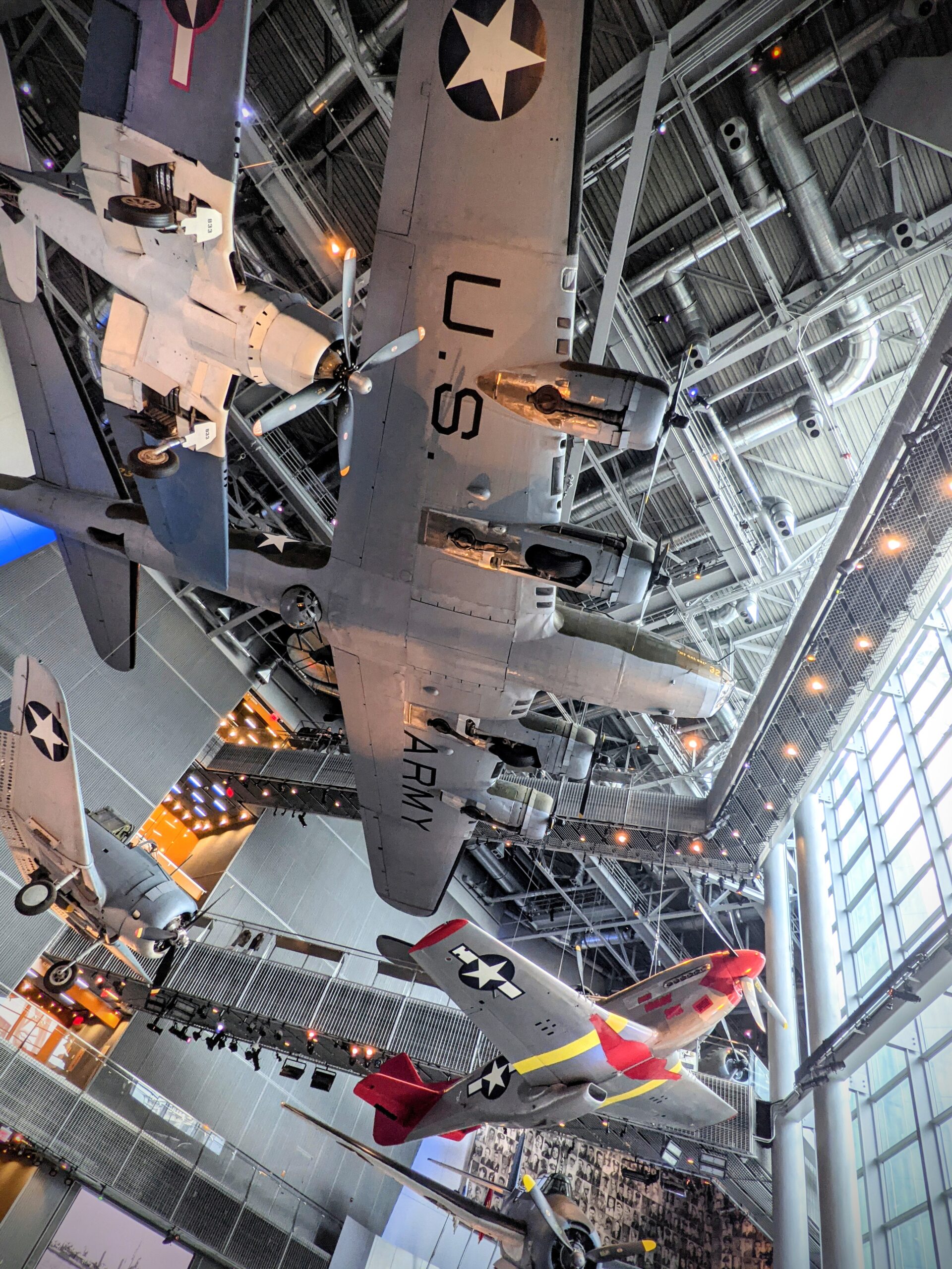 Several floors of historic airplanes at the World War II museum in New Orleans.