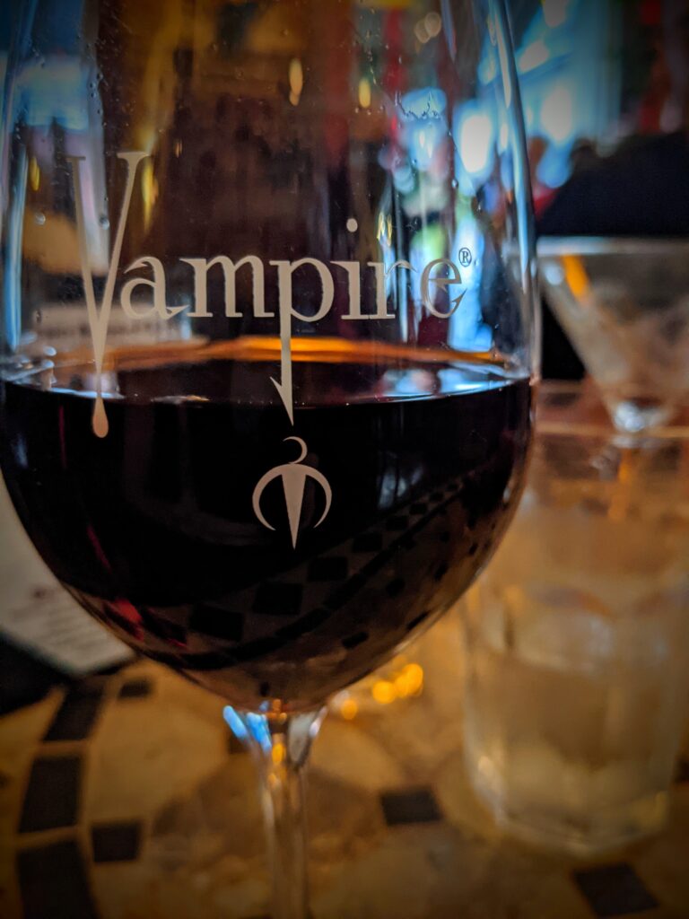 Glass of wine at the Vampire Cafe in New Orleans, LA.